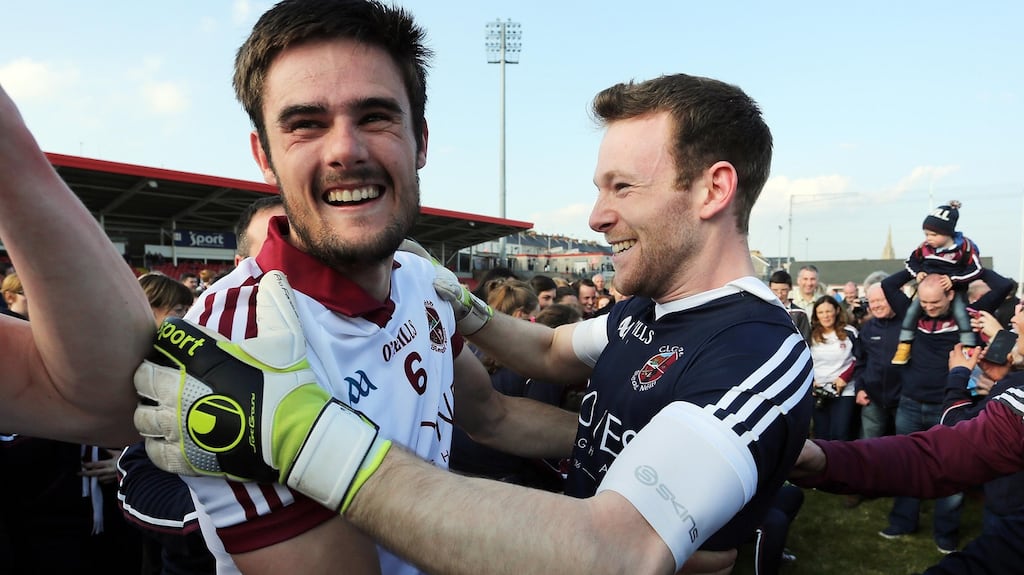 Slaughtneil’s Christopher McKaigue and goalkeeper Antoin McMullan. “We’ve been underdogs before, you just can’t read too much into that,” says McKaigue. Photograph: INPHO