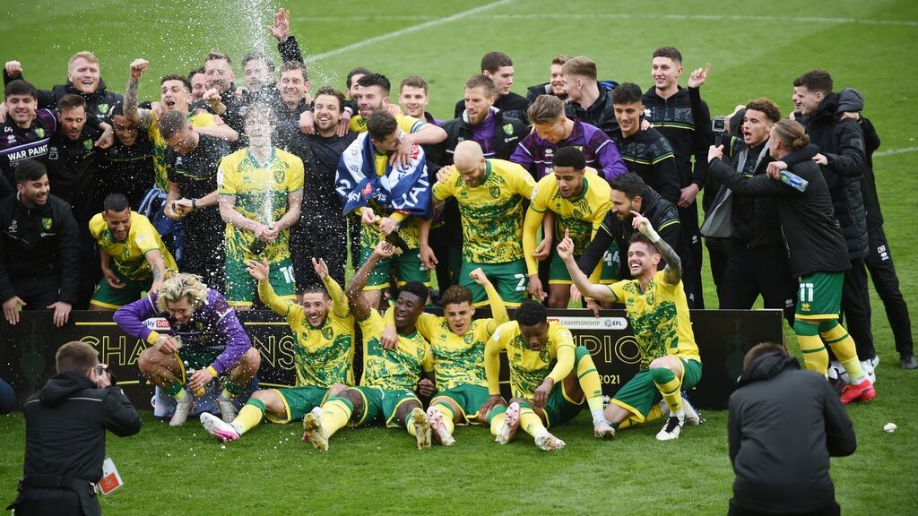 Norwich City celebrate being crowned champions of the Championship. Photograph: Joe Giddens/PA