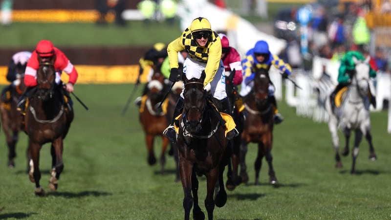 A year after Minella Indo led home his stable companion A Plus Tard and Al Boum Photo in jump racing’s most coveted prize, the trio are back in pursuit of ‘Blue Riband’ glory. Photograph: Michael Steele/Getty Images