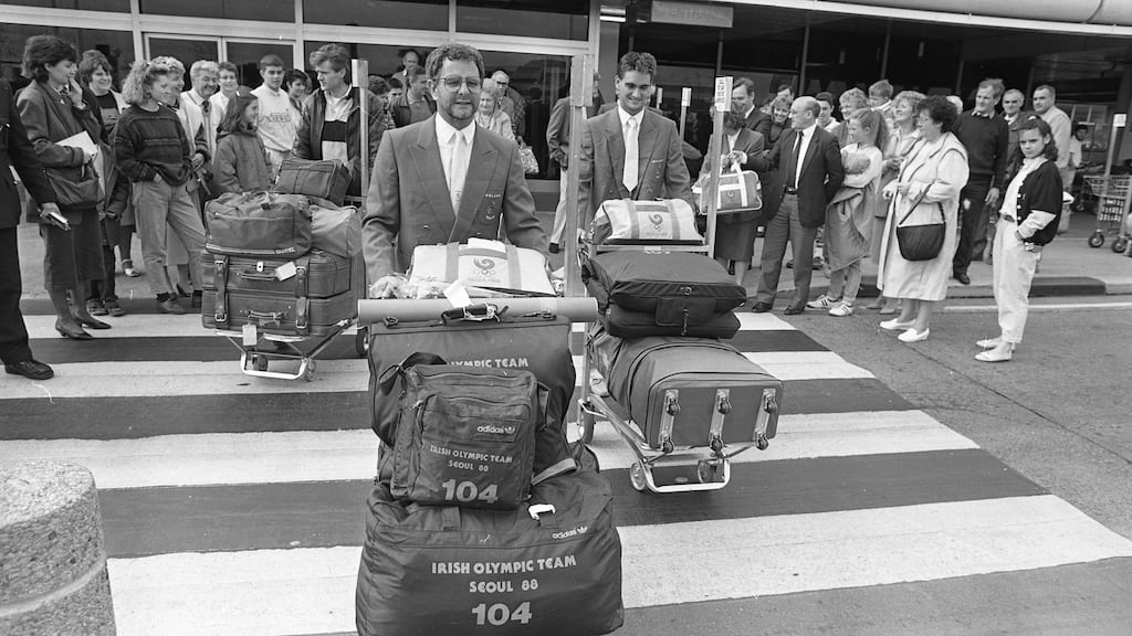 George Gibney arrives home with the Irish swimming team after the 1988 Olympics in Seoul. Photo: Independent News and Media/Getty Images