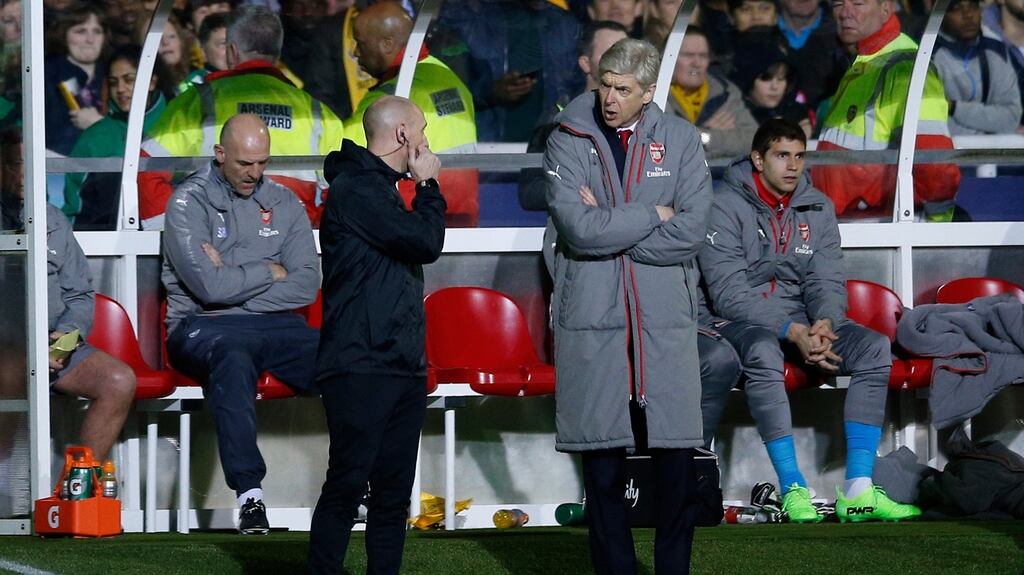 Arsenal manager Arsene Wenger remonstrates with the fourth official during their FA Cup fifth round win over Sutton United. Photo: Andrew Couldridge/Reuters
