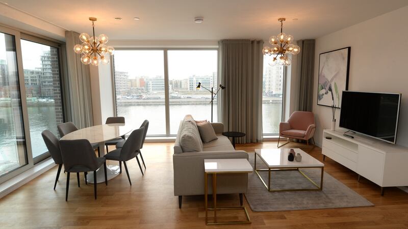 Views and interior in Capital Dock: The 150 two-bedroom apartments range in price from €3,500 to €4,000 a month. The     penthouse  will set you back  €20,000 a month. Photograph: Dara Mac Dónaill