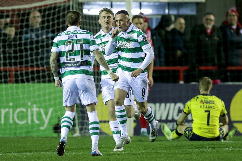 Shamrock Rovers' Aaron McEneff celebrates scoring a goal. Photograph: Laszlo Geczo/Inpho
