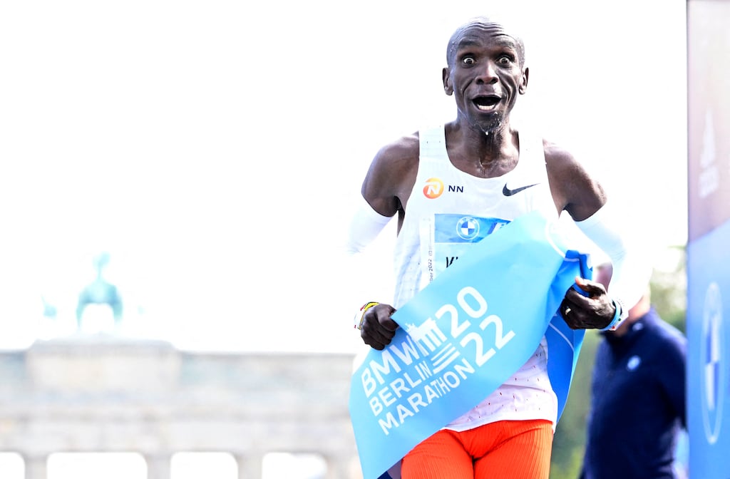 Kenya's Eliud Kipchoge crosses the finish line of the Berlin Marathon on September 25th, 2022, to beaten his own world record. Photograph: Tobias Schwarz/AFP