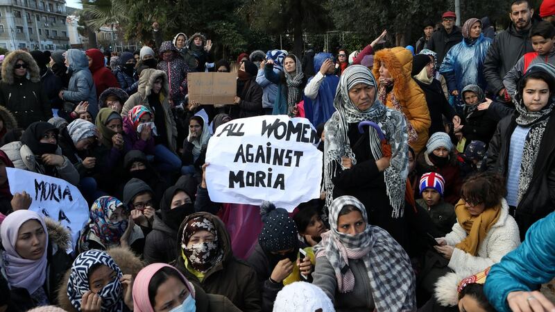 Refugees demonstrate in the city of Mytilene against living conditions in the Moria camp, on Lesbos, January 30th. Photograph: Reuters/Elias Marcou