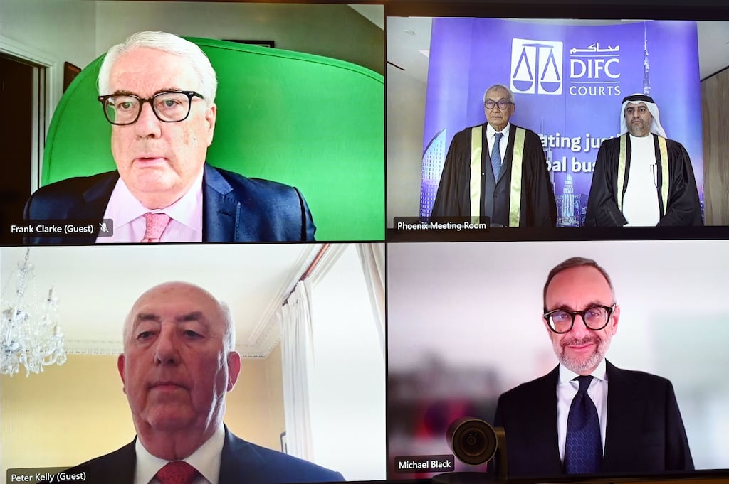 Judges including former chief justice Frank Clarke and former president of the high court Peter Kelly are sworn in to roles as judges of the Dubai International Financial Centre Courts in a virtual ceremony before Sheikh Mohammed bin Rashid Al Maktoum, vice-president and prime minister of the UAE and Ruler of Dubai. The two Irish judges have since resigned. Photograph: Dubai Media Office/Twitter