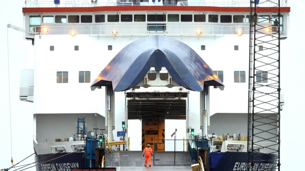Ferry at Larne port, Co Antrim: PSNI officers are patrolling the port area after local authority workers were withdrawn from duty following threats. Photograph: Stephen Davison