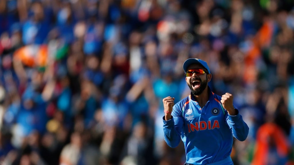 India captain Virat Kohli celebrates the wicket of Pakistan’s Azhar Ali during the Champions Trophy game at Edgbaston in Birmingham. Photograph: Andrew Boyers/Action Images via Reuters/Livepic