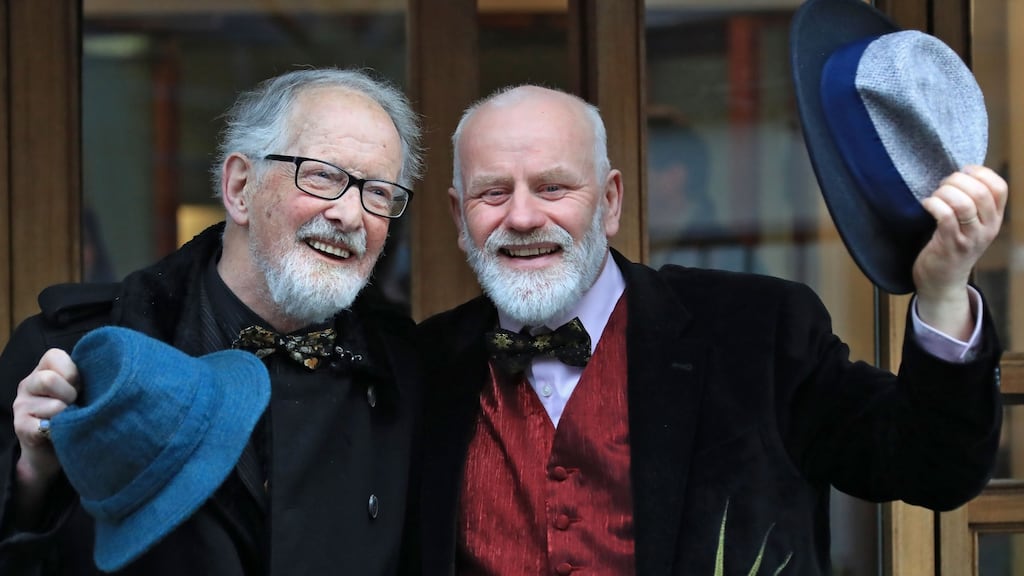 Matt Murphy (85) and Michael O’Sullivan (58) pictured got married in Dublin on Friday to avoid inheritance tax. Photograph: Collins