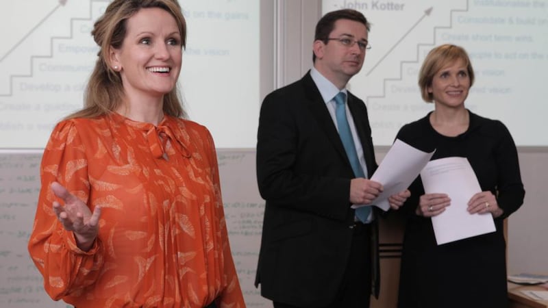 MBA students Eileen Sweeney, John Evans and Ruth Kiely presenting to classmates in NUI Galway’s J E Cairnes School of Business and Economics