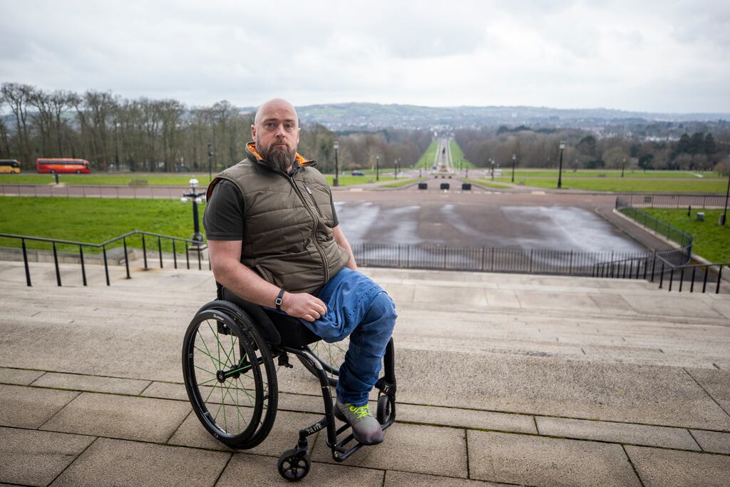 Peadar Heffron outside Parliament Buildings at Stormont after speaking during an event commemorating European Day of Remembrance of Victims of Terrorism. The former police officer was severely injured when dissident republicans bombed his car in 2010. Photograph: Liam McBurney/PA Wire