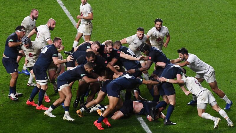 England drive Jamie George over the line for his third try against Georgia. Photograph: Facundo Arrizabalaga/EPA
