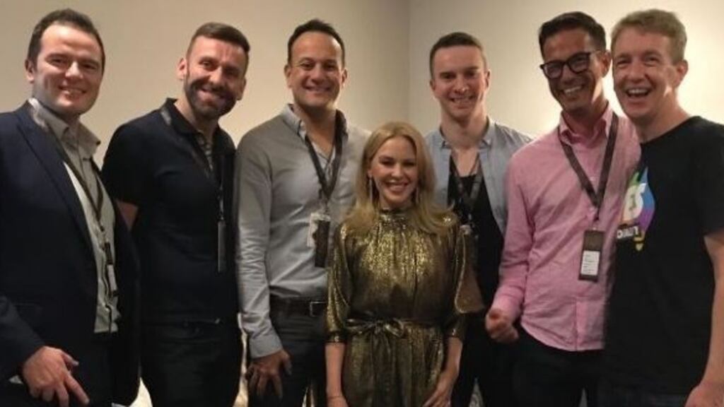 An Taoiseach Leo Varadkar, Mr Varadkar’s partner Matt and friends with Kylie Minogue at the singer’s gig at the 3Arena Photograph: Tiernan Brady/Twitter