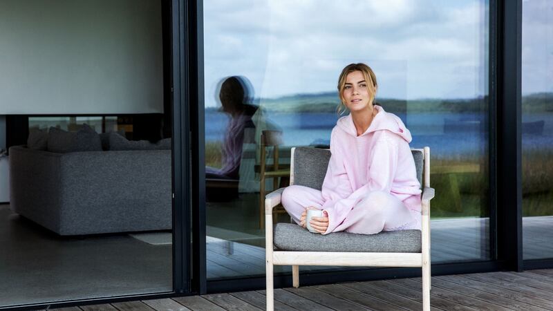 Cropped jersey hoodie and wide jersey trousers in supersoft Blush merino from IrelandsEye Kindred collection.