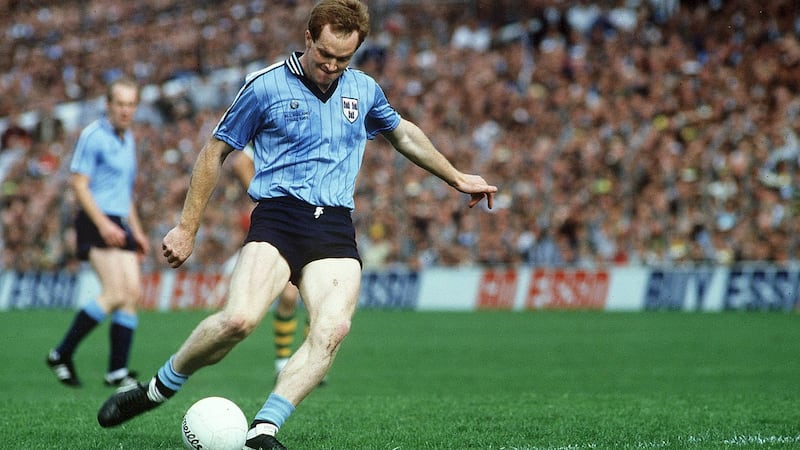 Barney Rock kicks a free for Dublin against Kerry in the 1985 All-Ireland SFC final. Photograph: Ray McManus/ Sportsfile