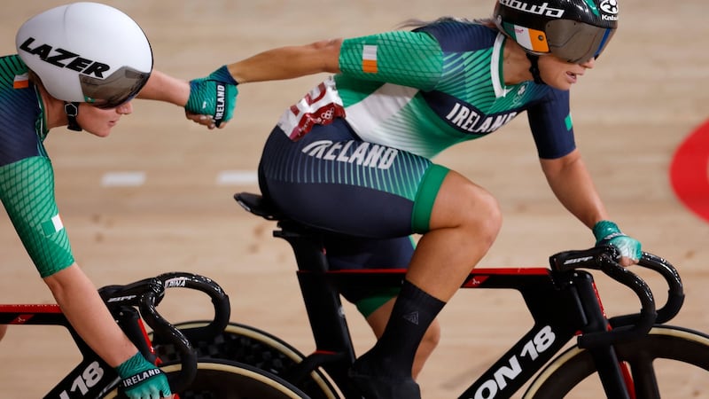 Ireland’s team of Shannon McCurley and Emily Kay compete in the women’s track cycling madison final. Photograph: Getty Images