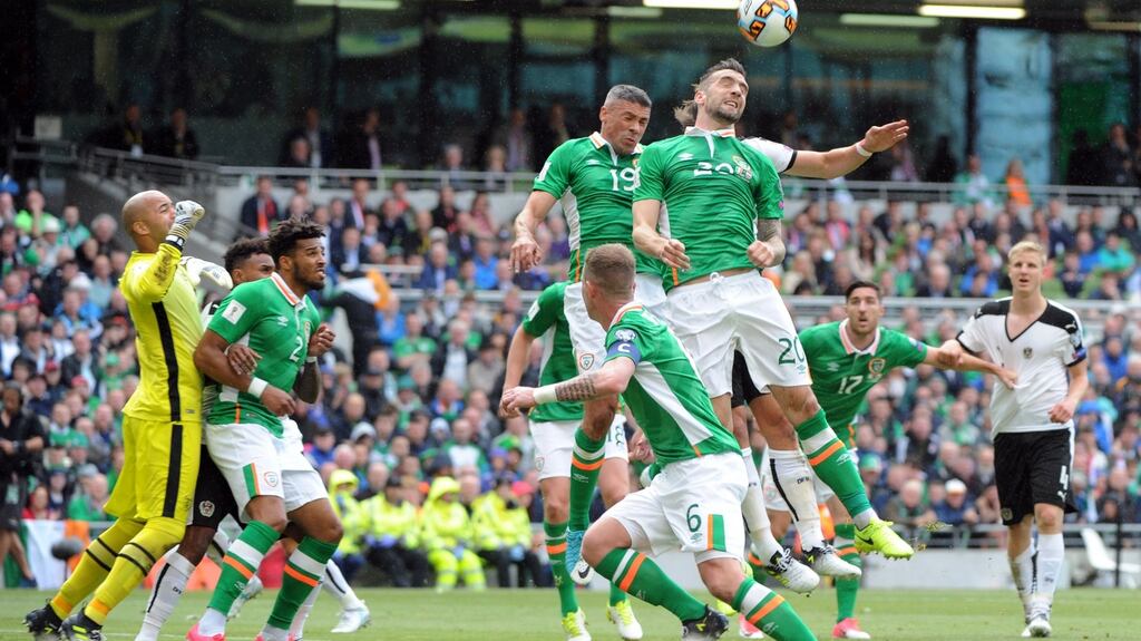 Ireland’s Shane Duffy in action during the World Cup qualifier against Austria. Photograph: Aidan Crawley/EPA