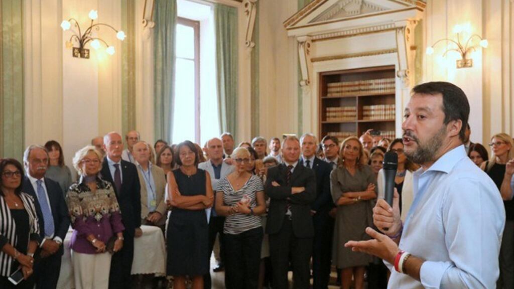 Matteo Salvini attends a farewell meeting with employees and officials. Photograph: Italian interior ministry/EPA