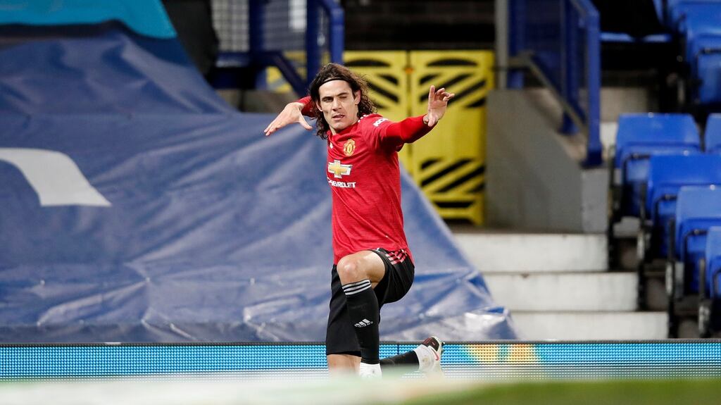 Edinson Cavani of Manchester United celebrates after scoring the first goal during the Carabao Cup quarter final match aginst Everton at Goodison Park. Photo: Clive Brunskill/Getty Images
