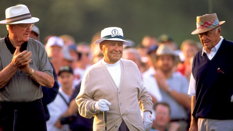 Byron Nelson, Gene Sarazen and Sam Snead prepare to start the 1999 US Masters at the Augusta National GC in Augusta, Georgia. Photograph: Stephen Munday/Allsport