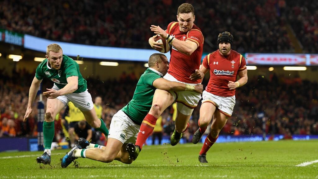George North of Wales scores the first try during the Six Nations match between Wales and Ireland at the Principality Stadium, Cardiff in March 2017. Photograph: Stu Forster/Getty Images