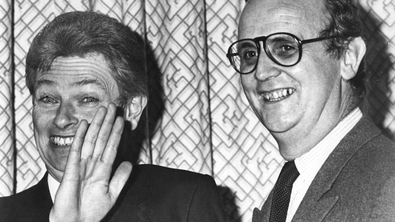 PJ Mara in 1982 with press secretary Peter Prendergast. Photograph: Tom Lawlor