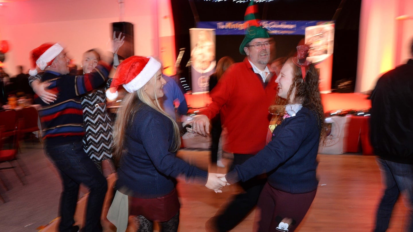 Attendees dancing at the Knights of Columbanus Christmas dinner in the RDS. Photograph: Dara Mac Dónaill