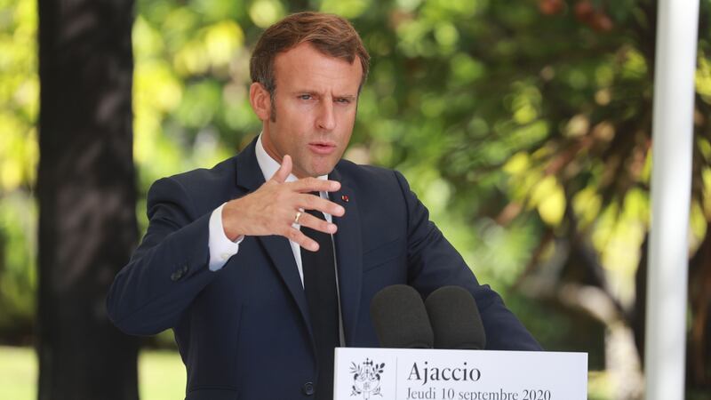 French president Emmanuel Macron gives a press conference in Ajaccio, Corsica on Thursday, on an official trip to attend the Med7 summit of Mediterranean countries. Photograph: Ludovic Marin/AFP via Getty Images