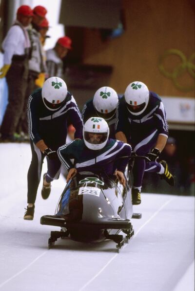 Jeff Pamplin, Simon Linscheid, Garry Power and Terry McHugh of Ireland compete in the four-man bobsled during the 1998 Winter Olympic Games in Nagano, Japan. Photograph: Jed Jacobsohn /Allsport