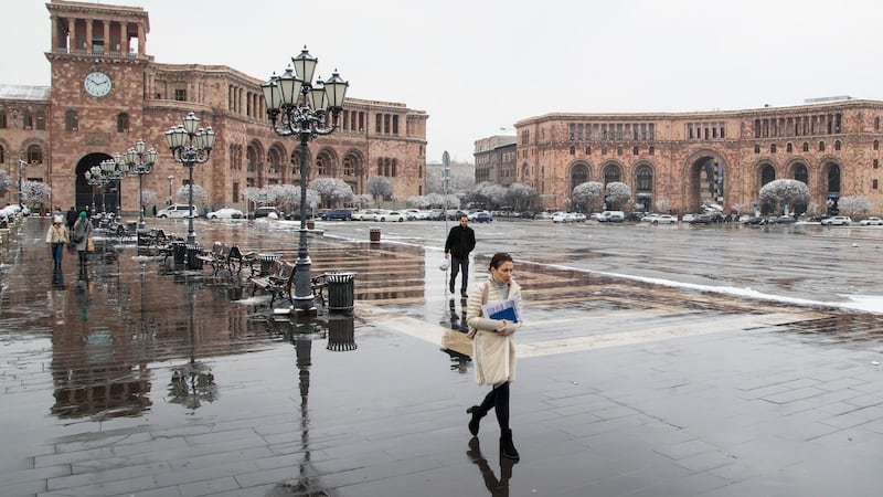 Republic Square in Yerevan. Before the war broke out, only about 3,000 to 4,000 Russians were registered as workers in Armenia, according to officials. Photograph: Daro Sulakauri/The New York Times