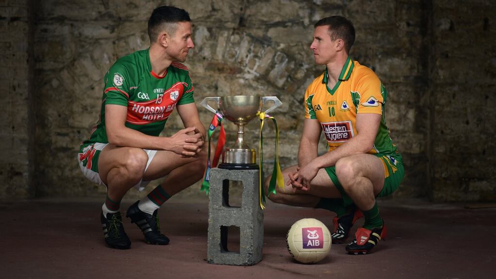 Corofin’s Gary Sice and St Brigid’s Karl Mannion ahead of the Connacht club football final. Photograph: Stephen McCarthy/Sportsfile