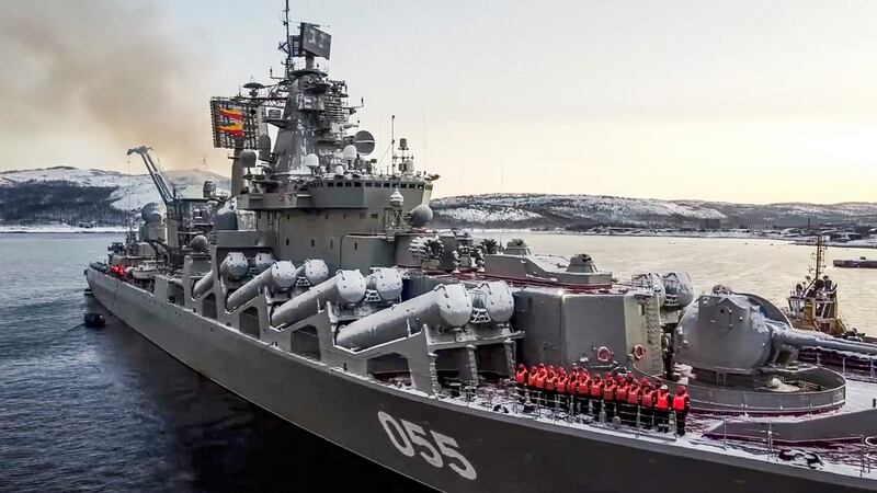 The Russian missile cruiser Marshal Ustinov. It was among a number of large Russian warships spotted this week sailing towards Ireland ahead of the planned naval exercise. Photograph: Russian Defence Ministry Press Service via AP