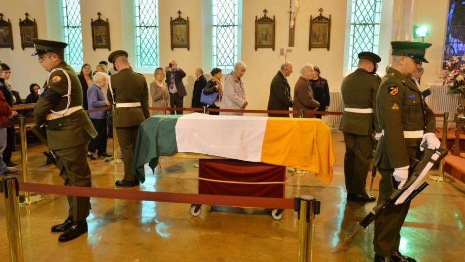 Members of the public pay their respects to Commandant Thomas Kent at St. Michael’s Garrison church, Collins Barracks. Photograph: Alan Betson/The Irish Times
