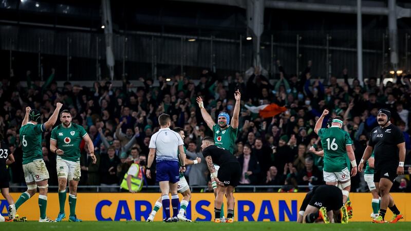 Ireland’s Caelan Doris, Jack Conan and Tadhg Beirne celebrate at the final whistle at the Aviva Stadium last Saturday. Photograph: Gary Carr/Inpho