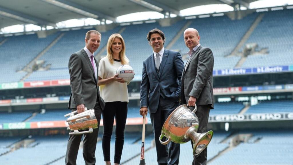 At the announcement of Sky Sports line-up for its GAA coverage are presenters Rachel Wyse and Brian Carney, with analysts Jamesie O’Connor and Peter Canavan. Photograph: Brendan Moran/Sportsfile