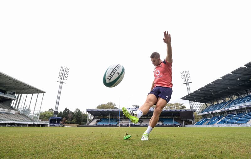 Jack Crowley practising his kicking during the captain’s run at Parc des Sports Jean Dauger, Bayonne, ahead of their final warmup game against Samoa. Photograph: Dan Sheridan/Inpho