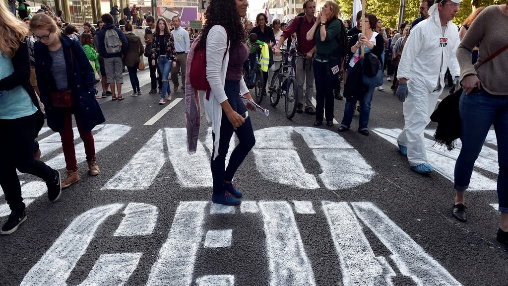Thousands of people demonstrate against TTIP and CETA in the centre of Brussels this week. Photograph: Reuters/Eric Vidal