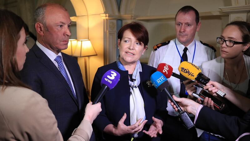 Garda commissioner Nóirín O’Sullivan and Deputy Commissioner John Twomey (left) speak to reporters after a meeting of the International Association of Chiefs of Police on Wednesday. Photograph: Collins