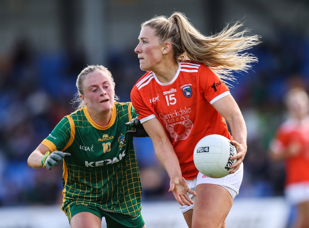 Meath's Megan Thynne tackles Kelly Mallon of Armagh at Pearse Park, Longford on June 19th. Photograph: Tom Maher/Inpho