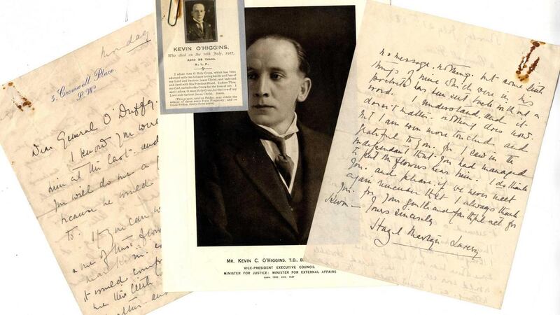 Correspondence from Lady Lavery in London, 1927, concerning the death of her friend the minister for justice Kevin O’Higgins