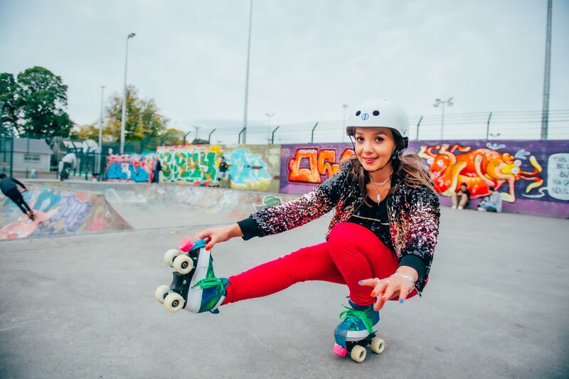 Val Valdemort wearing Edge Only necklace, pendant, three rings, and bracelet. Skating in Bushy Park Skate Park, Terenure. Photograph: Ruth Medjber