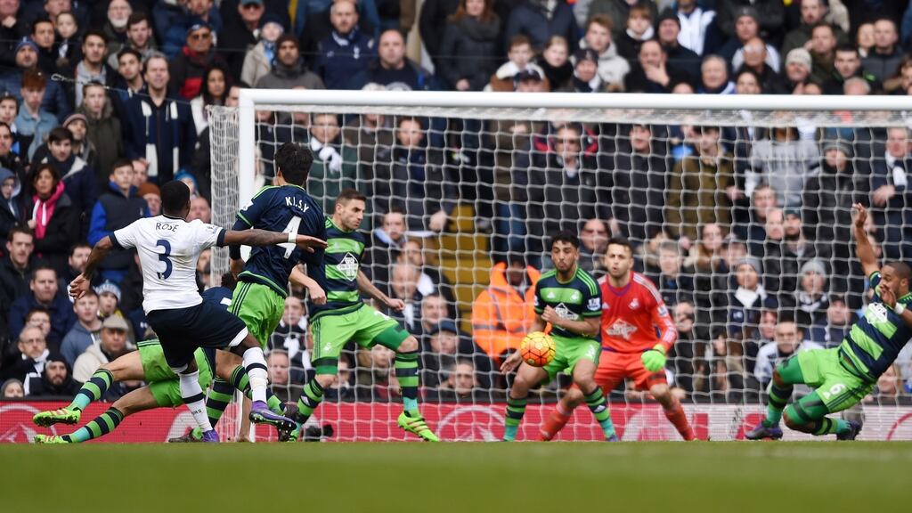 Danny Rose fires home through a crowded Swansea box to score Tottenham’s winning goal in the Premier League game against Swansea City at White Hart Lane. Photograph:  Tony O’Brien/Action Images via Reuters/Livepic