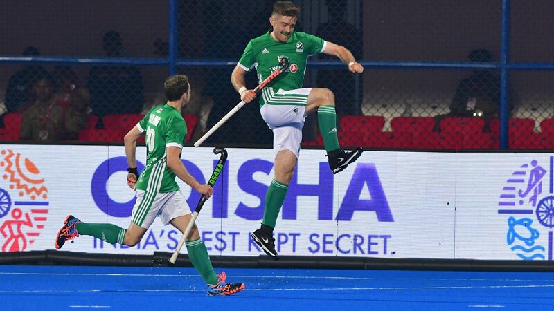 Ireland’s Shane O’Donoghue celebrates his goal with Michael Darling. Photograph: Inpho