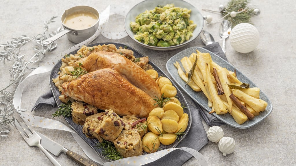 Roast crown of turkey, sage, onion and date pudding, sherry chestnut gravy. Photograph: Harry Weir Photography