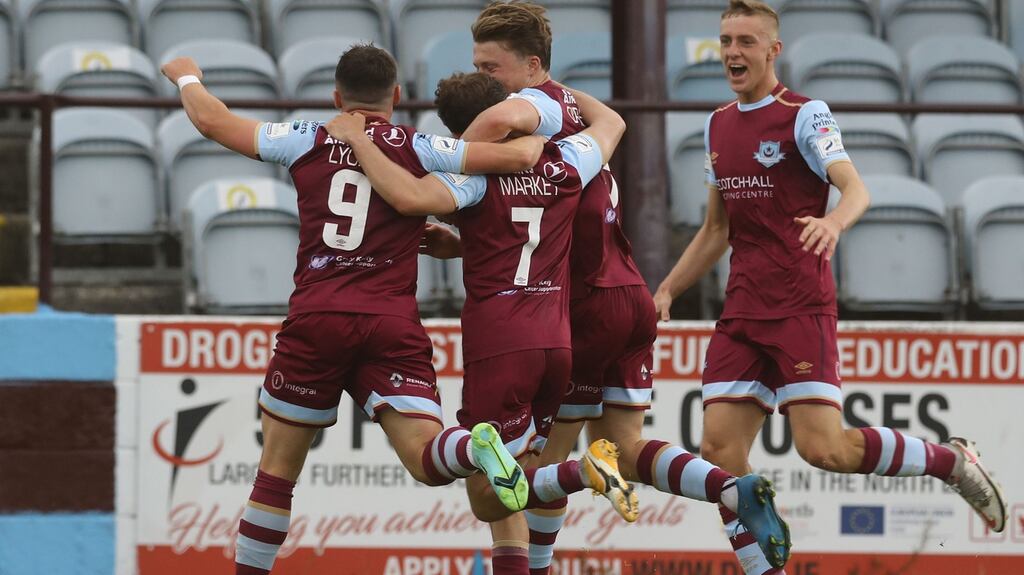 Drogheda celebrate Darragh Markey’s goal against Finn Harps. Photograph: Lorraine O’Sullivan/Inpho