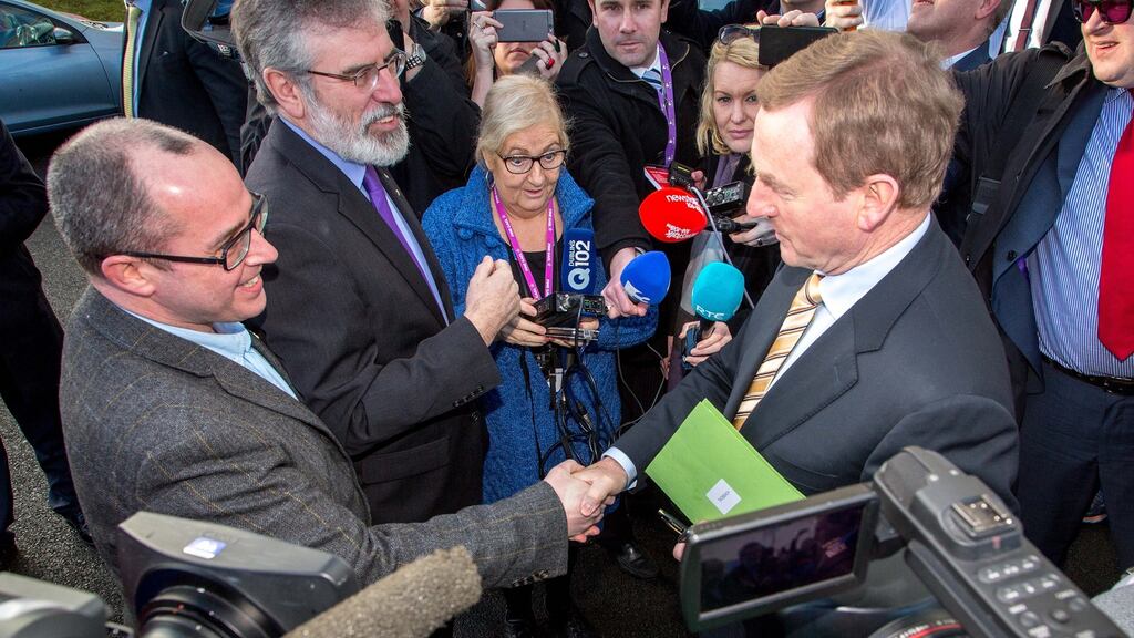 Sinn Féin leader Gerry Adams and Sinn Féin candidate Chris MacManus meeting Taoiseach Enda Kenny in Collooney, Co Sligo. Photograph: James Connolly