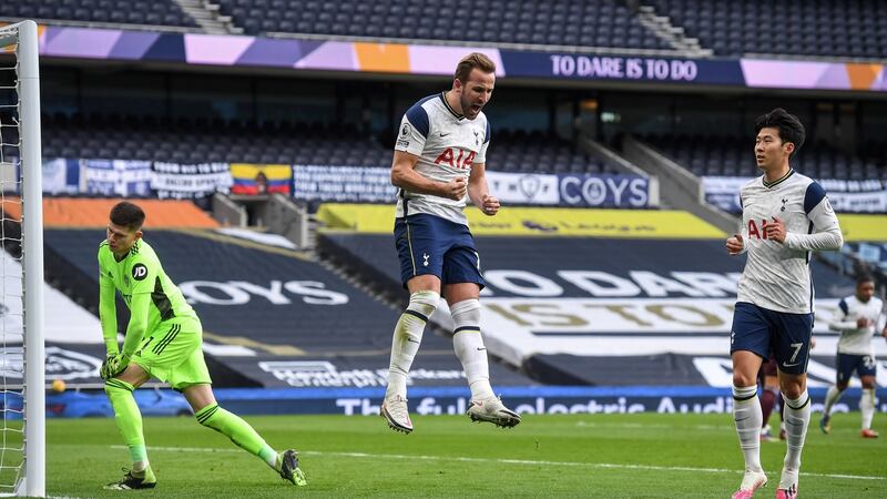Harry Kane celebrates opening the scoring for Tottenham against Leeds. Photograph: Andy Rain/EPA
