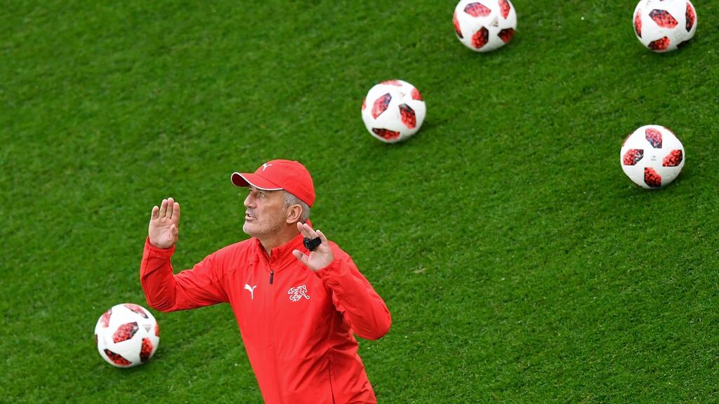 Switzerland coach Vladimir Petkovic gestures during a training session at the Saint Petersburg Stadium on the eve of the World Cup round of 16 match against Sweden. Photograph: Christophe Simon/AFP/Getty Images