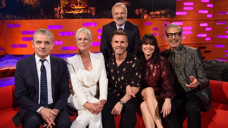 ‘I just try to get people to tell stories,’ says Graham Norton. Left to right:  Rowan Atkinson, Jamie Lee Curtis, Gary Barlow, Imelda May and Jeff Goldblum with Norton during the filming of the Graham Norton Show