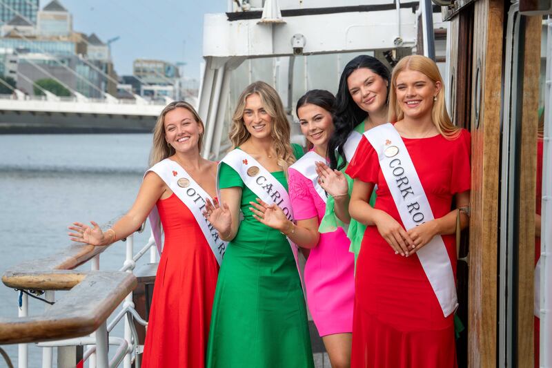 Rose of Tralee: Ottawa Rose Aidan Russell, Carlow Rose Katie Ryan, Down Rose Anna Mulholland, Boston and New England Rose Maeve Kelly and Cork Rose Nancy Lehane pictured aboard the MV Cill Airne, North Wall, Dublin. Photograph: Domnick Walsh